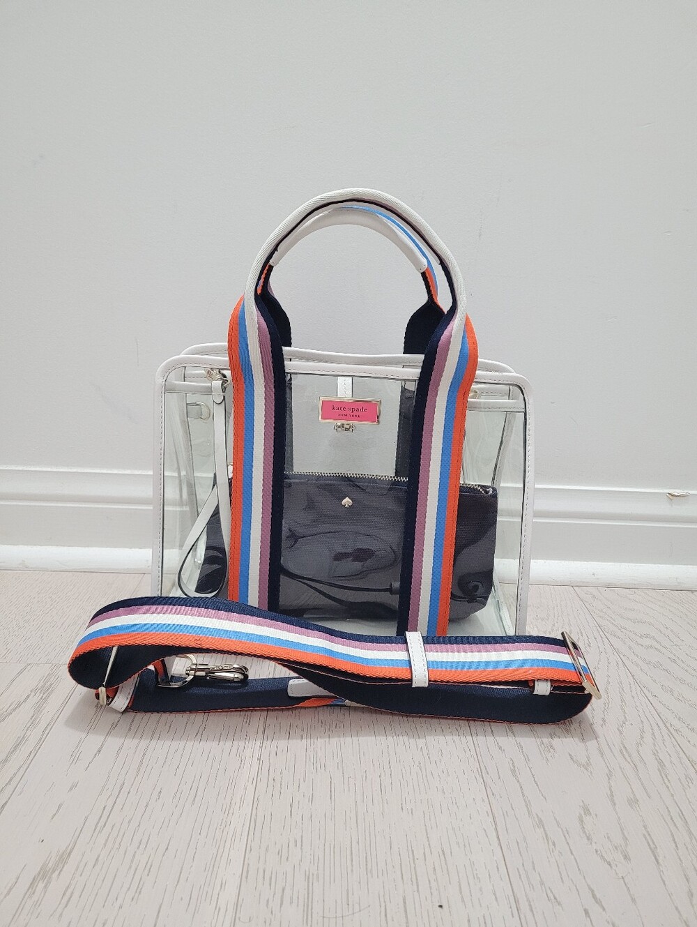 Kate Spade Sam Clear Tote with Multicolor Stripe Strap